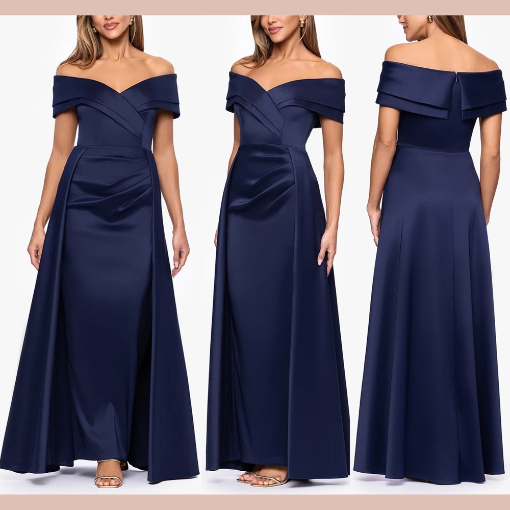 NWT $299 XSCAPE [ 8 ] TINA Makado Off The shoulder Overlay Gown Navy Blue #Q1269